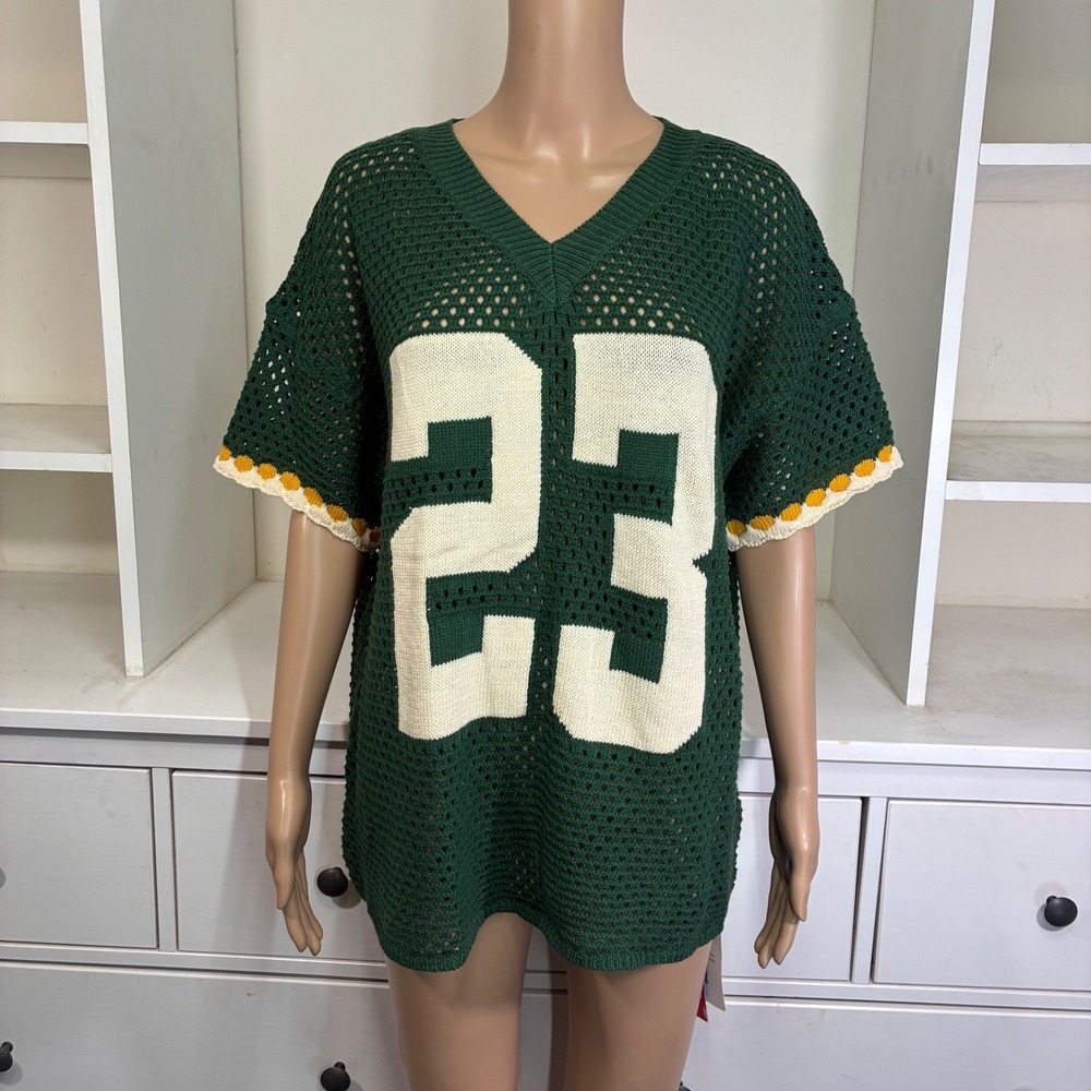 Cider Dark Green Crochet Jersey with Cream '23' and Yellow-Trim Sleeves